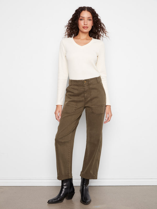 Cropped Barrel Leg Twill Pants - Olive