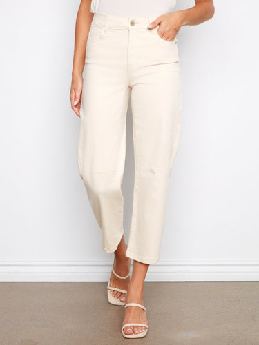 Natural-colored barrel leg jeans with a regular rise, showcasing the trendy cropped length and stretch twill material by Charlie B.