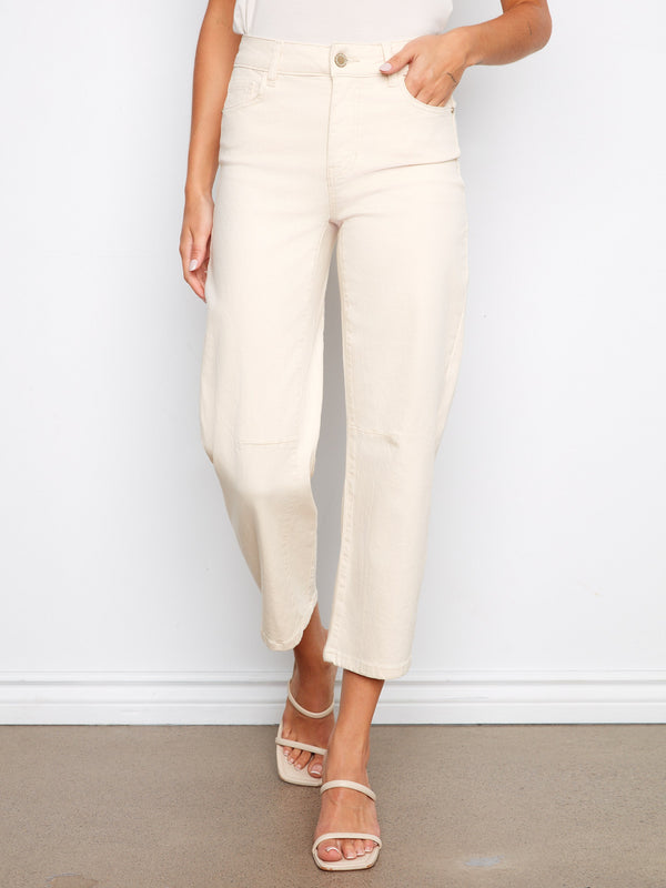 Natural-colored barrel leg jeans with a regular rise, showcasing the trendy cropped length and stretch twill material by Charlie B.