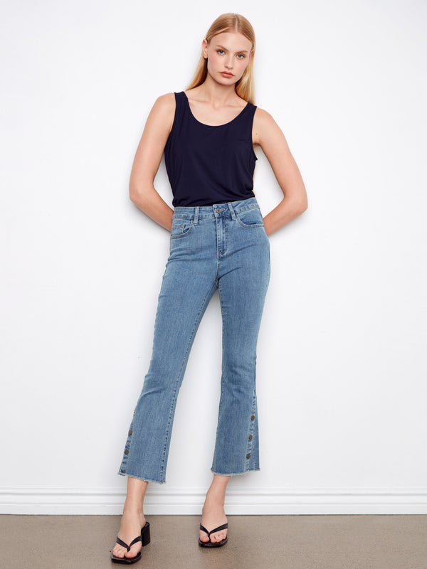 Blue cropped bootcut jeans with a regular rise and stylish side snaps, perfect for any casual outing by Charlie B.