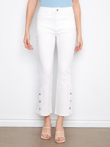 Designed with a cropped length, these pants add a modern touch to any outfit. The five-pocket design offers practicality by Charlie B.