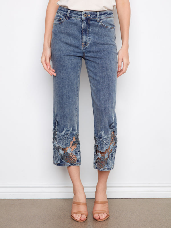 Cropped Embroidered Flare Jeans - Medium Blue
