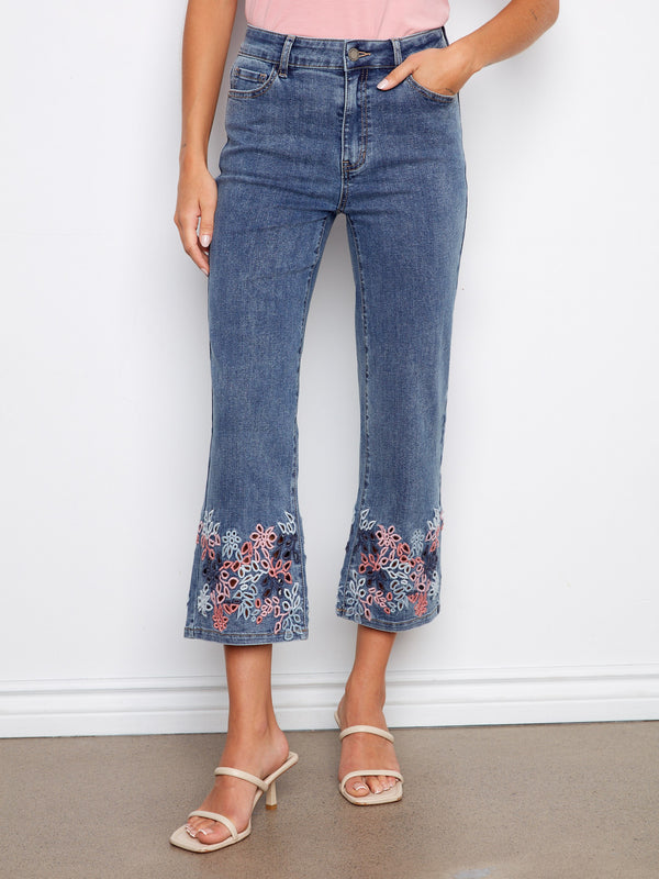 Cropped Flare Jeans With Eyelet Embroidery - Medium Blue