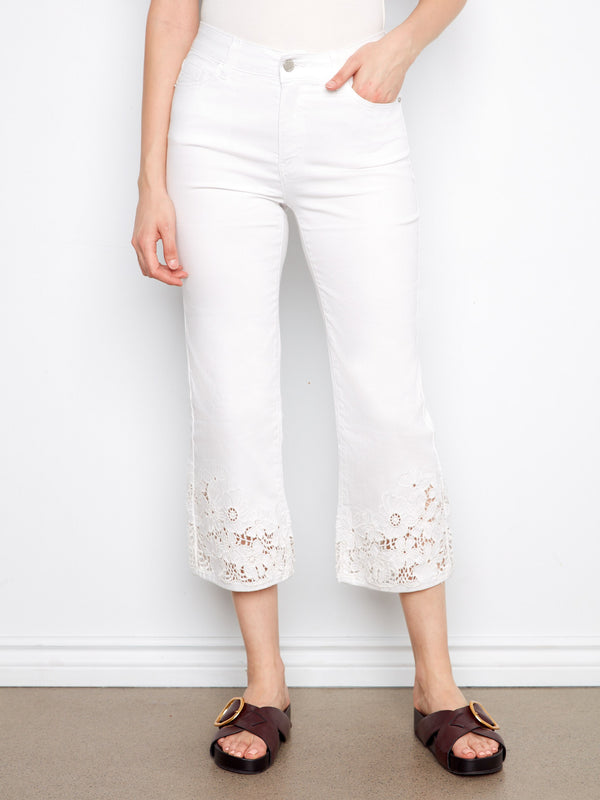 Cropped Flare Twill Jeans With Floral Lace Hem - White