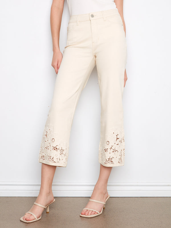 Cropped Flare Twill Jeans With Floral Lace Hem - Natural
