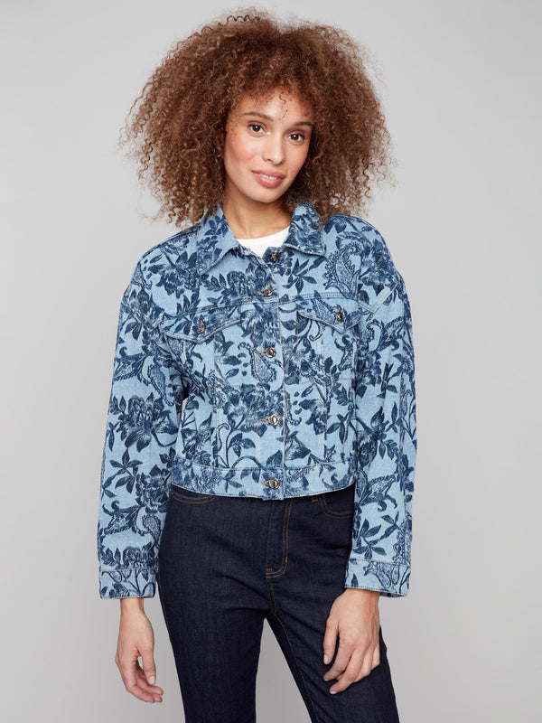 Blue denim jacket featuring a stylish shirt collar and intricate floral jacquard pattern, perfect for casual outings by Charlie B.