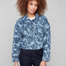 Blue denim jacket featuring a stylish shirt collar and intricate floral jacquard pattern, perfect for casual outings by Charlie B.