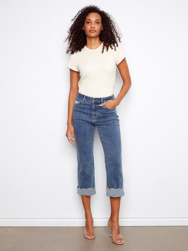 Medium blue cropped jeans with a regular rise and a stylish contrast scallop cuff, featuring stretch denim for comfort by Charlie B.