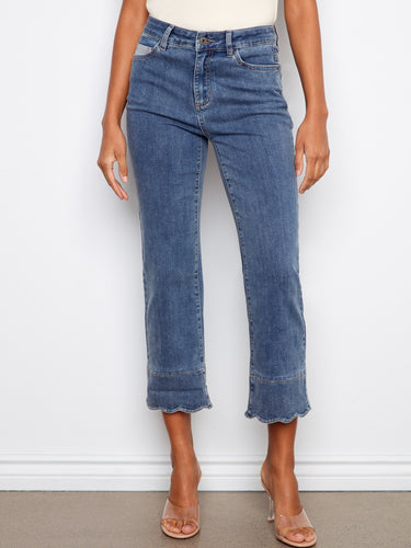 These medium blue cropped jeans showcase stretch denim and a chic contrast scallop cuff, perfect for versatile styling by Charlie B.