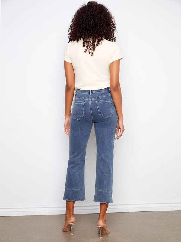 Cropped Jeans With Contrast Scallop Cuff - Medium Blue