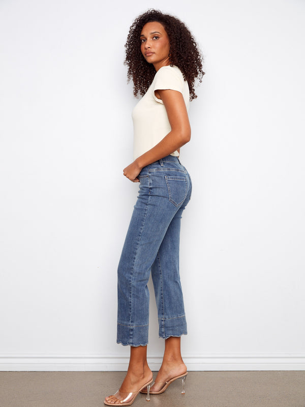 Cropped Jeans With Contrast Scallop Cuff - Medium Blue