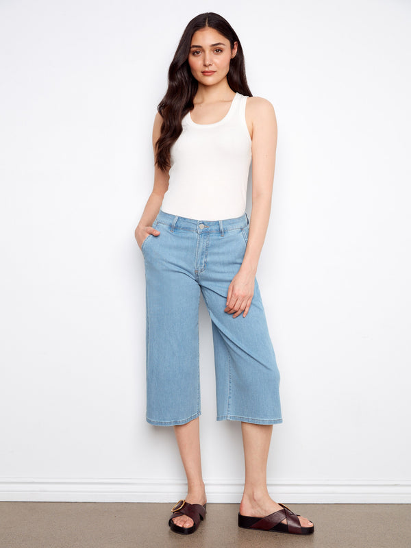 Cropped Palazzo Jeans - Light Blue