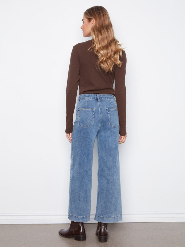 Cropped Patch Pocket Wide Leg Jeans - Medium Blue