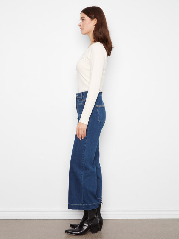 Cropped Patch Pocket Wide Leg Jeans - Indigo