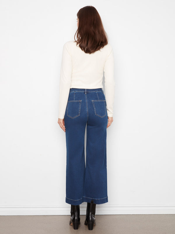 Cropped Patch Pocket Wide Leg Jeans - Indigo
