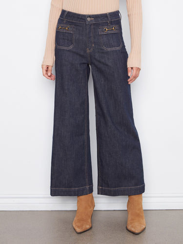 Cropped jeans in deep blue featuring stretch denim for comfort, designed by Charlie B.