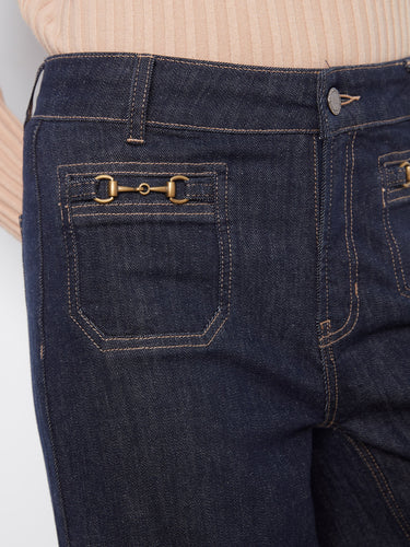 Denim jeans with patch pockets and unique horsebit detail, crafted stylishly by Charlie B.