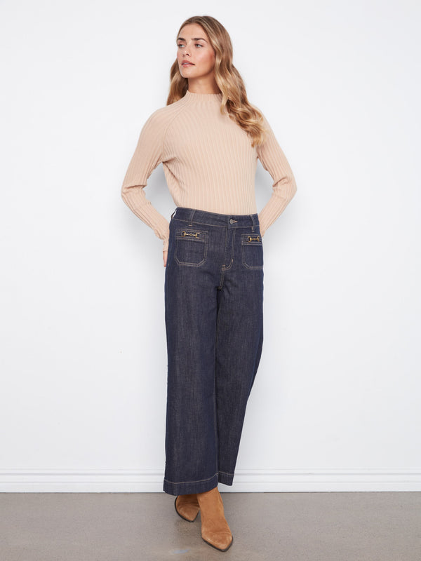 Cropped Patch Pocket Wide Leg Jeans With Horsebit Detail - Deep Blue