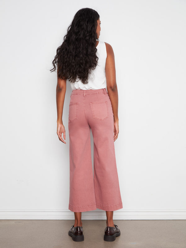 Cropped Patch Pocket Wide Leg Twill Pants - Rosebud