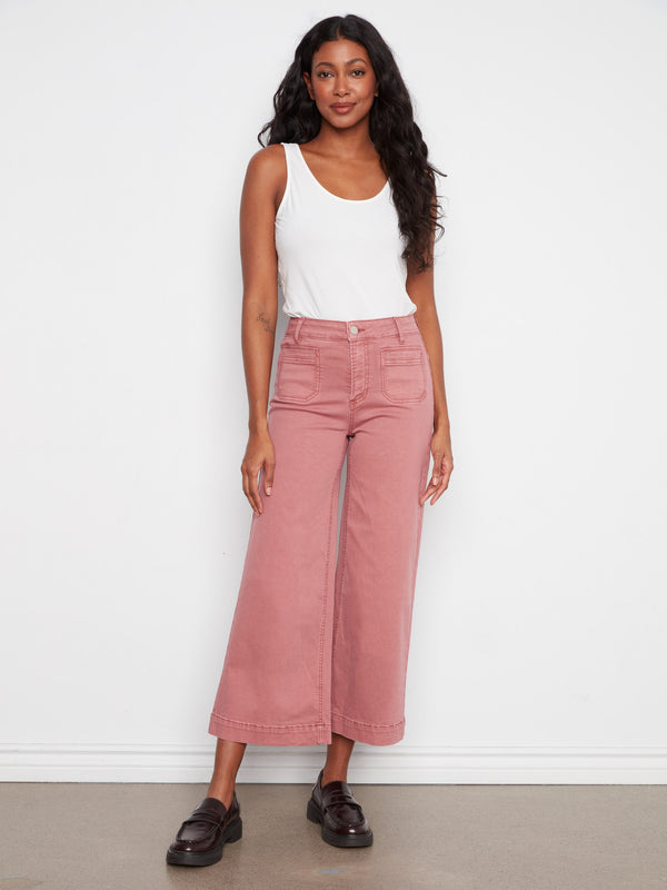 Cropped Patch Pocket Wide Leg Twill Pants - Rosebud
