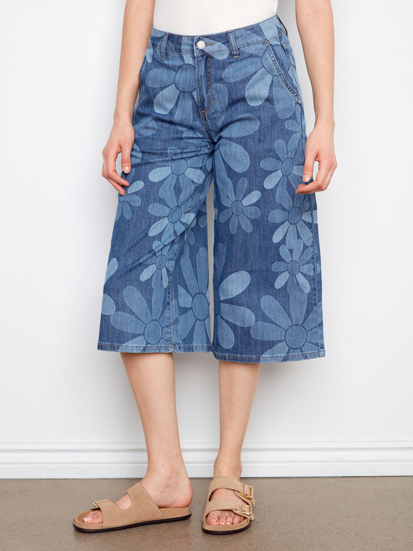 These cropped denim palazzo jeans offer a comfortable stretch and stylish floral print by Charlie B.