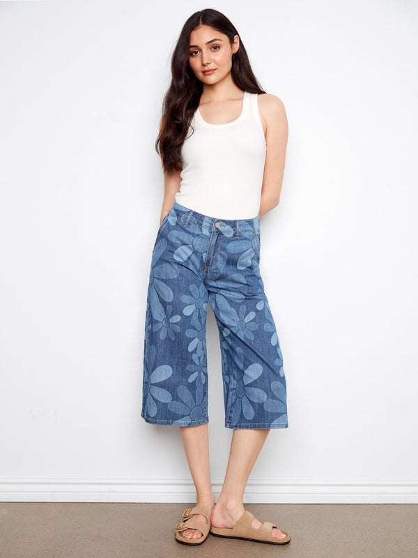Floral patterned denim palazzo jeans in a regular rise design, perfect for casual outings by Charlie B.