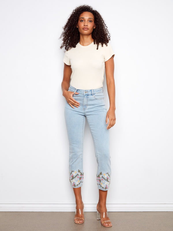 Cropped Slim Jeans with Embroidery - Light Blue