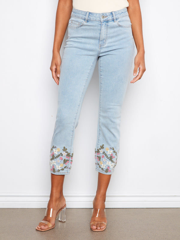 Cropped Slim Jeans with Embroidery - Light Blue