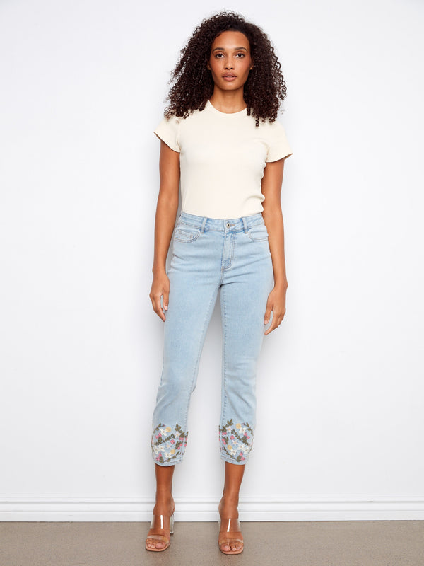 Cropped Slim Jeans with Embroidery - Light Blue