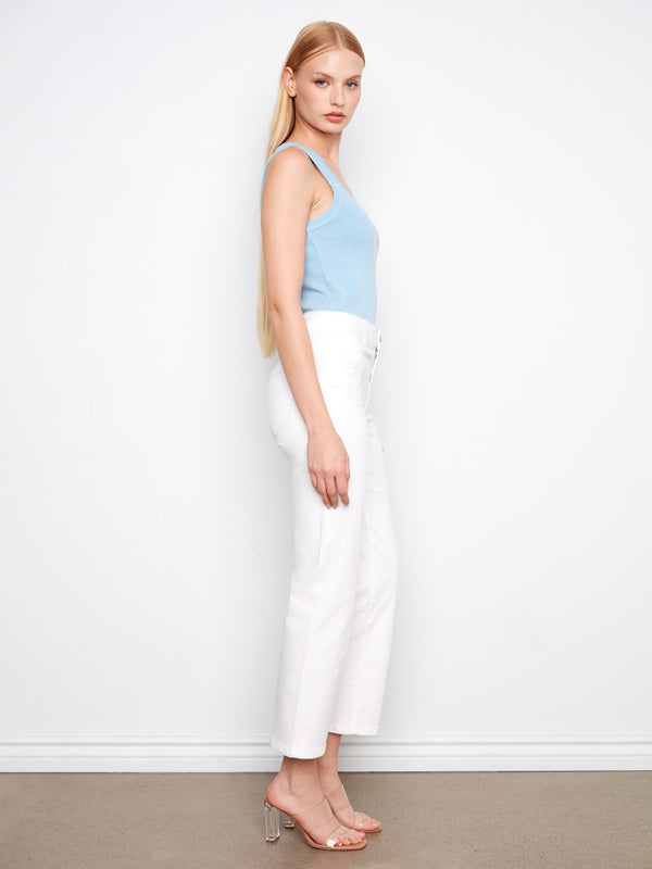 Stretch denim white jeans with a flattering cropped length and unique eyelet pocket design by Charlie B.