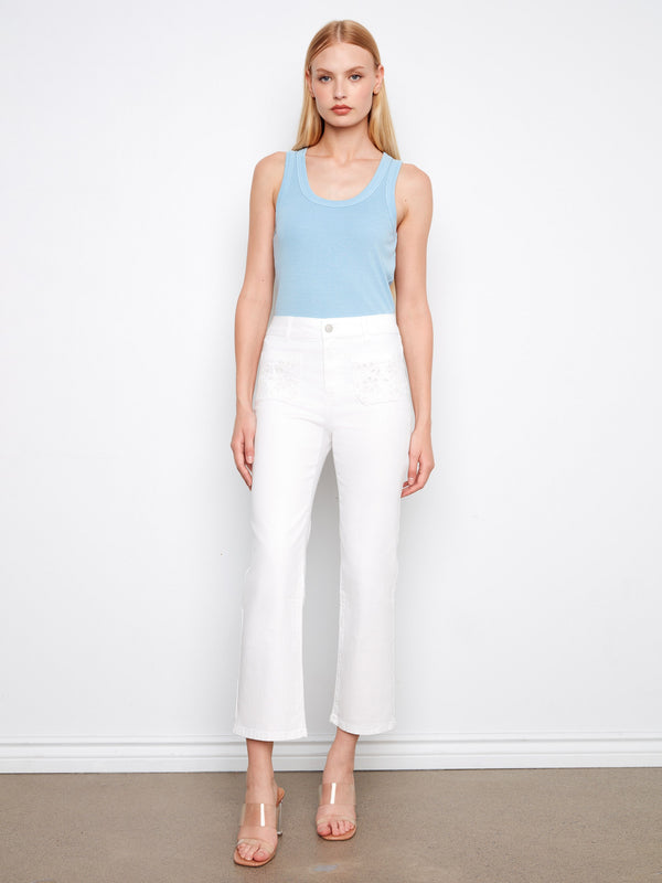 Cropped Straight Leg Jeans With Eyelet Pockets - White