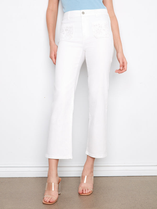 Cropped Straight Leg Jeans With Eyelet Pockets - White