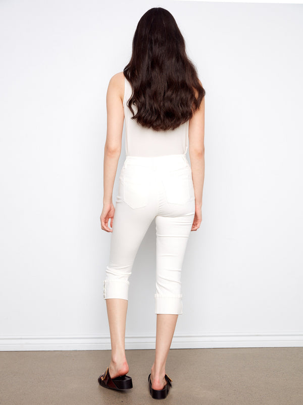 Cropped Twill Jeans With Snap Button Cuff - White
