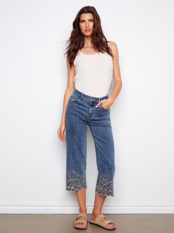Cropped Wide Leg Jeans With Floral Embroidery - Medium Blue