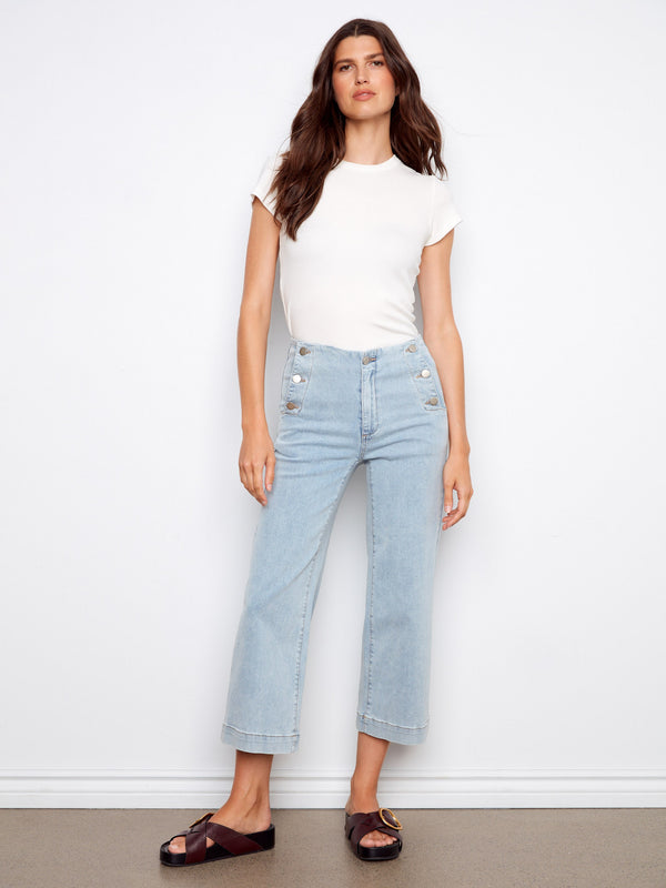 Cropped Wide Leg Jeans With Side Buttons - Light Blue