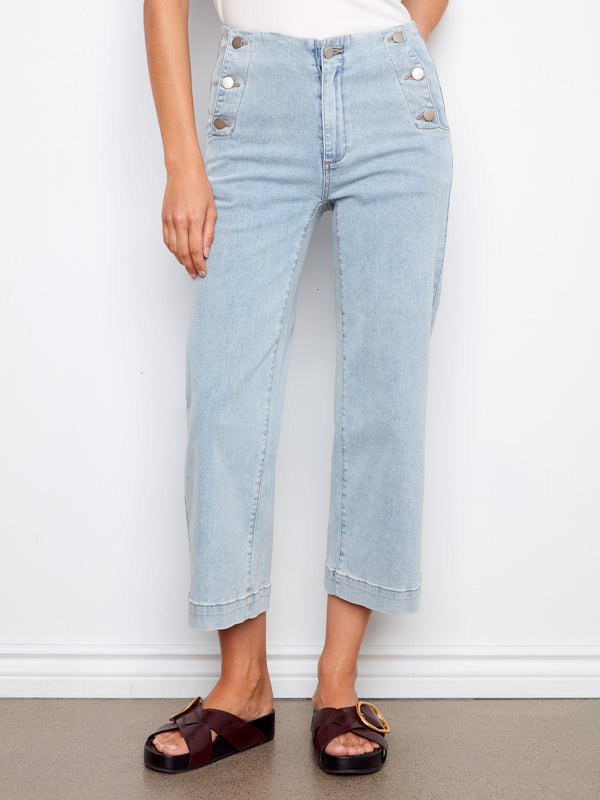 Cropped length jeans featuring practical slash pockets by Charlie B.