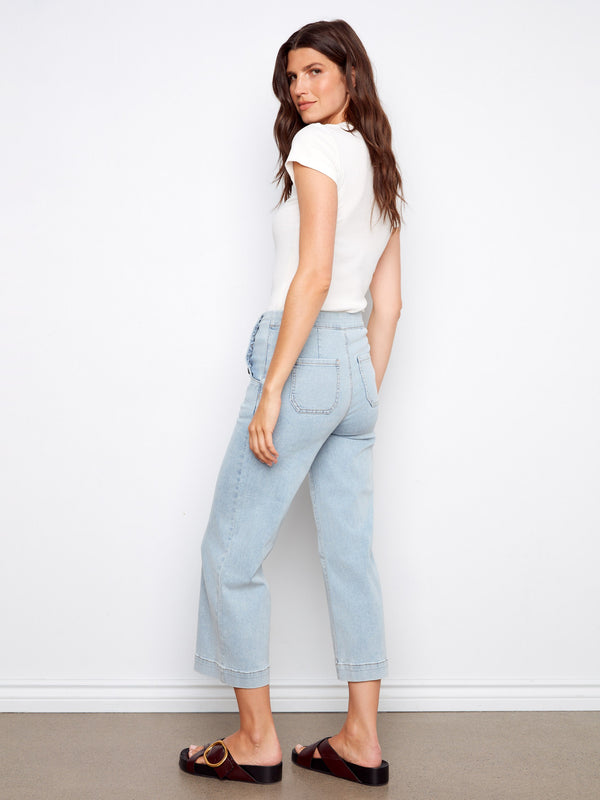 Stylish wide leg cropped jeans with unique side button accents by Charlie B.