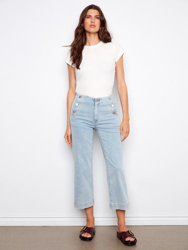 Comfortable stretch denim pants with functional slash pockets by Charlie B.
