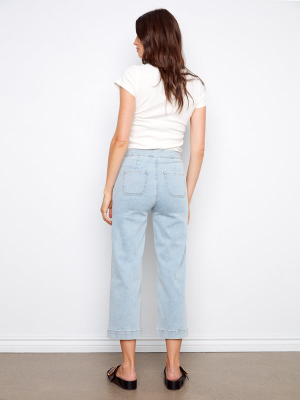 Cropped Wide Leg Jeans With Side Buttons - Light Blue