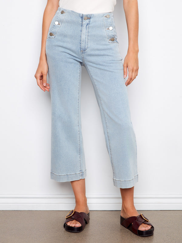 Cropped Wide Leg Jeans With Side Buttons - Light Blue
