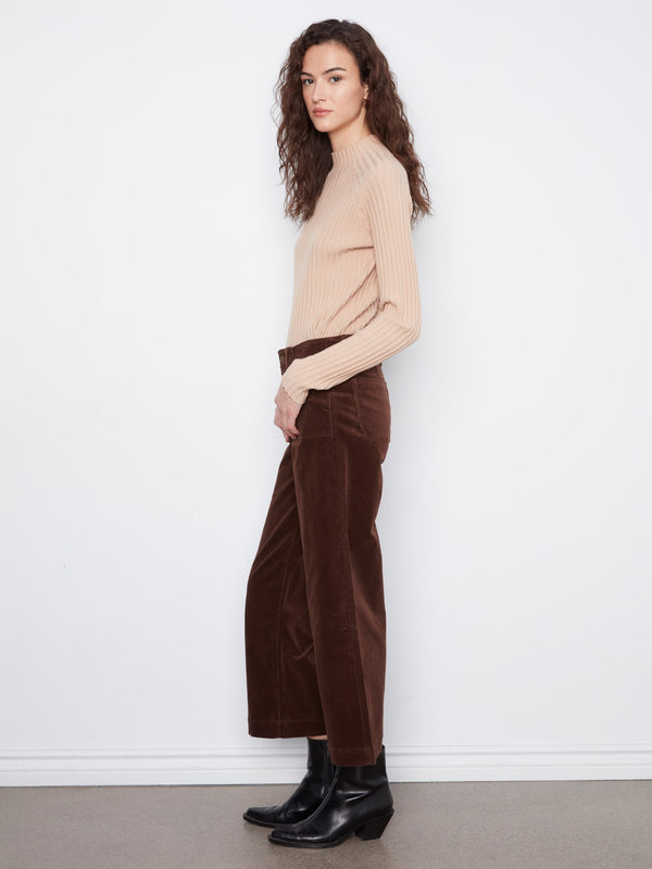 Cropped Wide Leg Stretch Corduroy Pants - Coffee