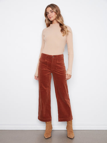 Ginger-colored wide leg corduroy pants featuring ankle length and a button closure, perfect for casual outings by Charlie B.