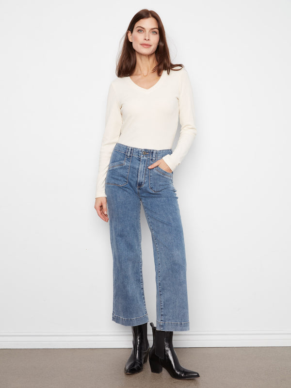 Cropped Wide Leg Stretch Jeans - Medium Blue