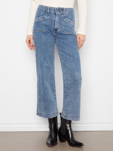 Stylish blue cropped jeans featuring rectangular patch pockets and a regular rise by Charlie B.