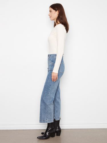 Cropped wide-leg jeans in blue, showcasing stretch denim for ease of movement by Charlie B.