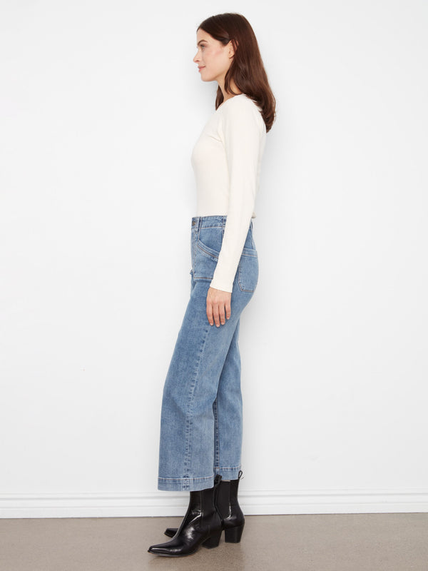 Cropped Wide Leg Stretch Jeans - Medium Blue