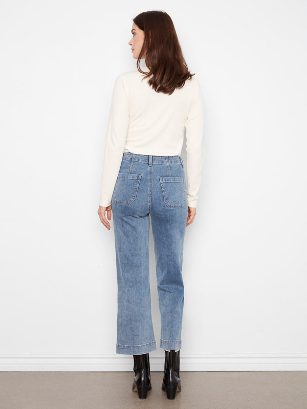 Cropped Wide Leg Stretch Jeans - Medium Blue