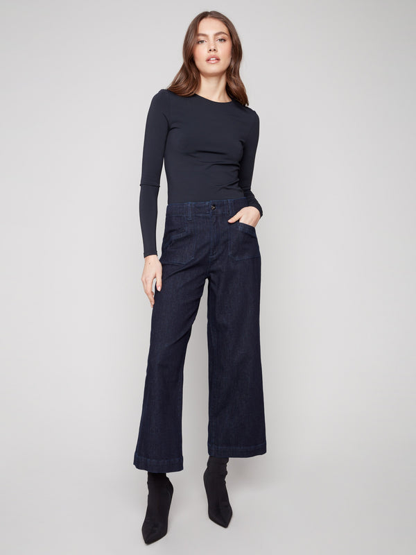 Cropped Wide Leg Stretch Jeans - Deep Blue