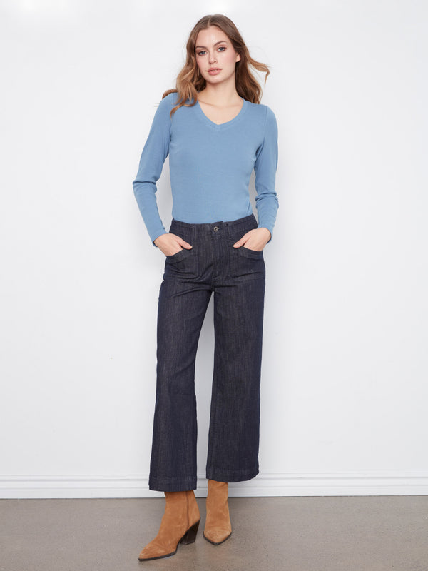 Cropped Wide Leg Stretch Jeans - Deep Blue