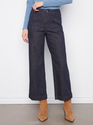 Stylish wide leg jeans featuring rectangular patch pockets for a trendy look. Designed by Charlie B.
